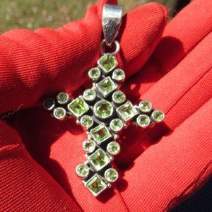 Lovely Large Peridot Sterling Silver Cross Pendant